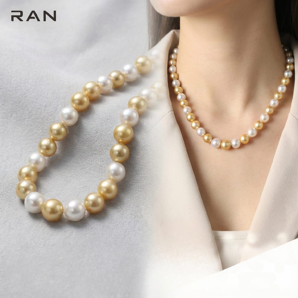 RAN珠宝天然菲律宾海水浓金银冷光澳白珍珠混彩项链白蝶皇后・浓金澳白混彩项链