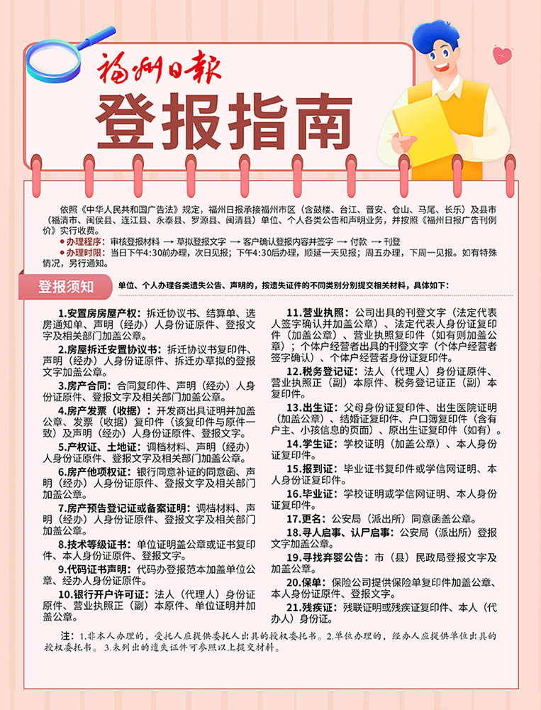 福州日报登报指南广告刊载